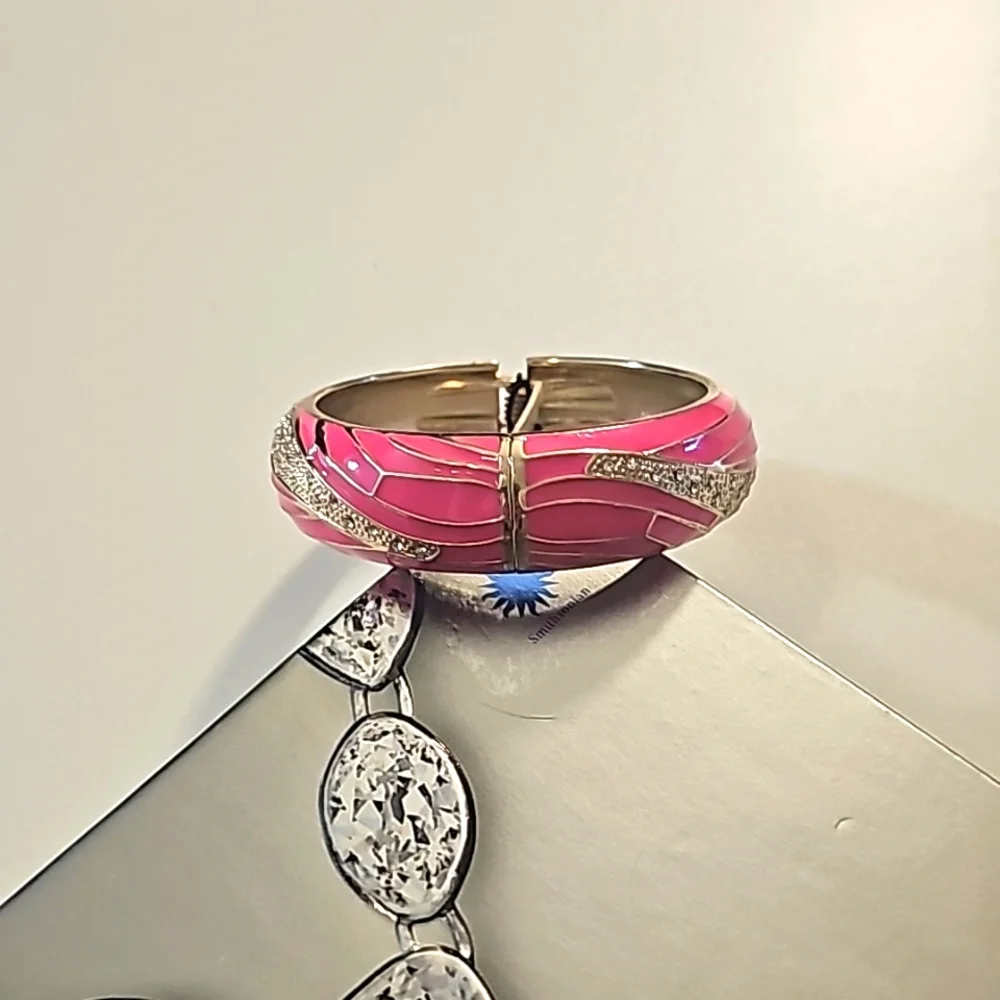 Vintage Gold Tone Sequin Enamel & Rhinestone Cuff Clamper Bracelet. - Picture 6 of 8